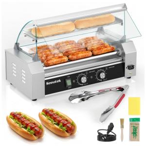 Máquina de Cachorro-Quente Seeutek com 5 Rolos, Capacidade para 18 Cachorros-Quentes, 1100W, Aço Inoxidável, Controle de Temperatura Duplo