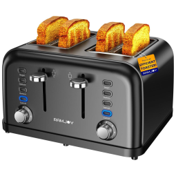 Torradeira 4 Fatias Preta, Controles Individuais, Espaço Extra Largo, 7 Níveis de Tostagem, 4 Funções, Ideal para Pães