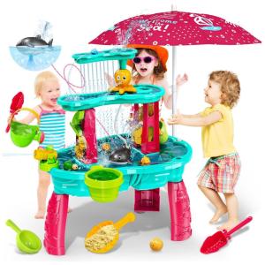 Mesa de Atividades Sensoriais com Água, 3 Andares e Guarda Sol, VATOS, Azul e Rosa