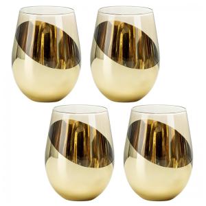 Jogo com 4 Taças de Vinho Sem Haste Âmbar Vintage com Detalhes em Latão Inclinado, Copos de Bebida de Coquetel de Vidro Translúcido Âmbar
