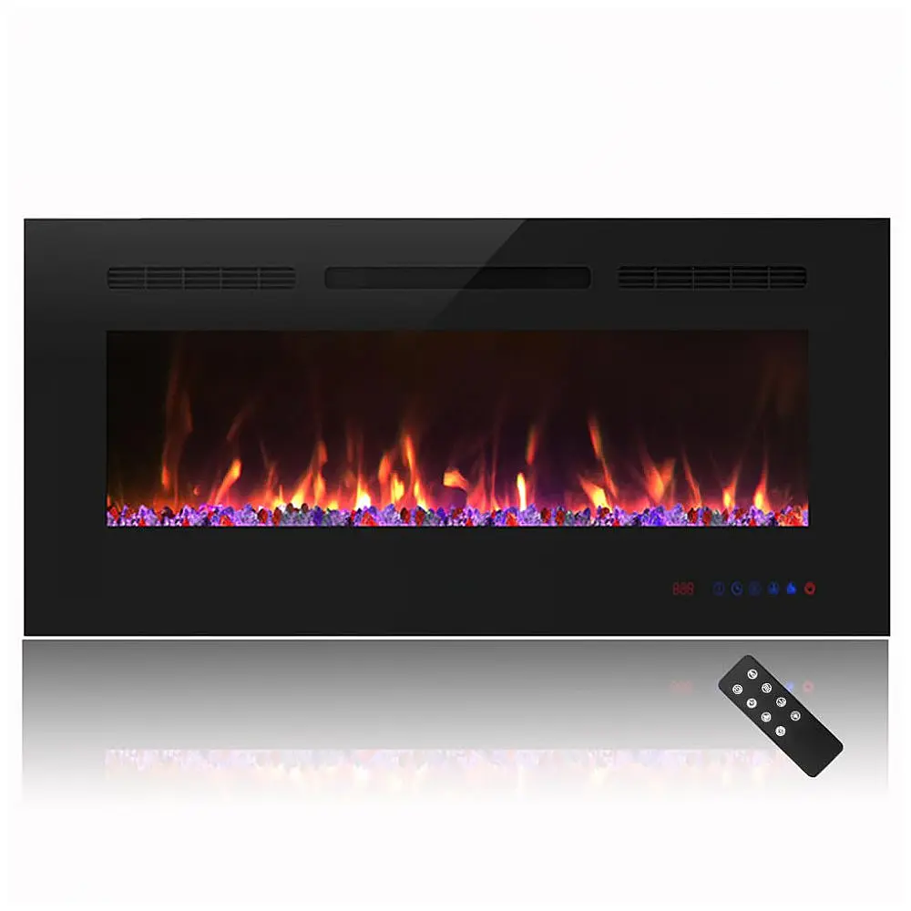 Lareira Elétrica de Embutir A45x91L com Controle Remoto e Digital, Luz LED, Chama Ajustável e Temporizador, 1500W, 110v, CHEERWAY, Preto
