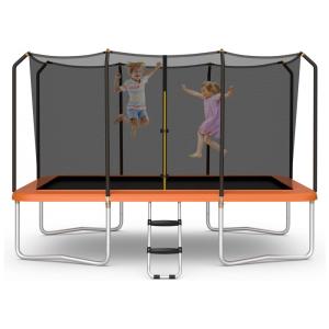 Trampolim GYMAX para crianças, trampolim retangular de 14 pés aprovado pela ASTM com escada antiderrapante de rede de gabinete
