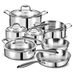 Jogo de Panelas em Aço Inoxidável de 3 Camadas com 11 Peças, Tampa, Panelas e Frigideiras - Jogo de Cozinha Profissional EWFEN