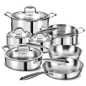 Jogo de Panelas em Aço Inoxidável de 3 Camadas com 11 Peças, Tampa, Panelas e Frigideiras - Jogo de Cozinha Profissional EWFEN