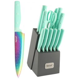 Conjunto de Facas Hecef em Titânio com Bloco de Bancada e Afiador Embutido, 14 Peças, Verde