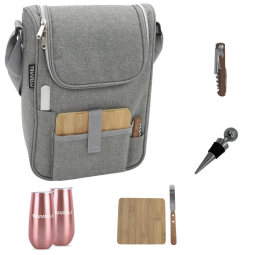 Sacola Térmica para Vinho Truvelli Portátil 2 Garrafas com Queijo à Prova d'Água em Lona Preta - Kit de Piquenique com Tampo de