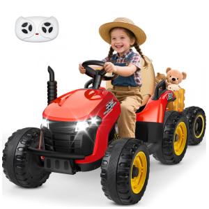 Trator Infantil Elétrico ANPABO Vermelho 24V, Trailer Basculante Removível, Pneus EVA, Controle Remoto com Som Realista e Bluetooth