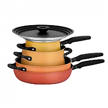 Conjunto de Panelas Antiaderentes em Aço Inoxidável com 1 Tampa Universal, 6 Peças, MEYER 10567, Laranja