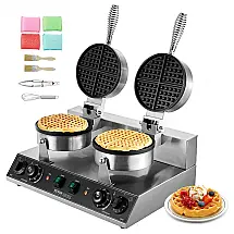 Máquina de Waffle VEVOR Dupla Cabeça Redonda 2460W Antiaderente Inox Controle de Temp 110V