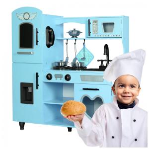 Cozinha Infantil em Madeira com 7 Utensílios, Luzes e Sons Realistas para Crianças Acima de 3 Anos, TaoHFE, Azul