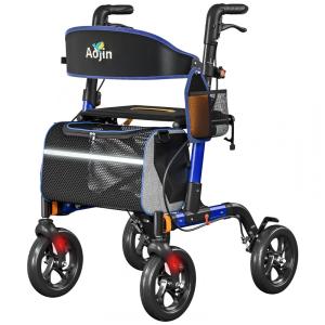 Andador para Idosos com Assento Resistente até 159 kg, Assento Confortável 45 cm, Rodas Todo-Terreno 20 cm, Altura Ajustável 6 Níveis