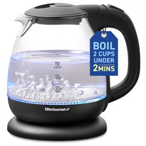 Chaleira Elétrica de Vidro 1,0L Sem BPA 1100W, Design Elegante c/ LED Azul, Desligamento Automático - Ferve Água Rapidamente,Elite Gourmet