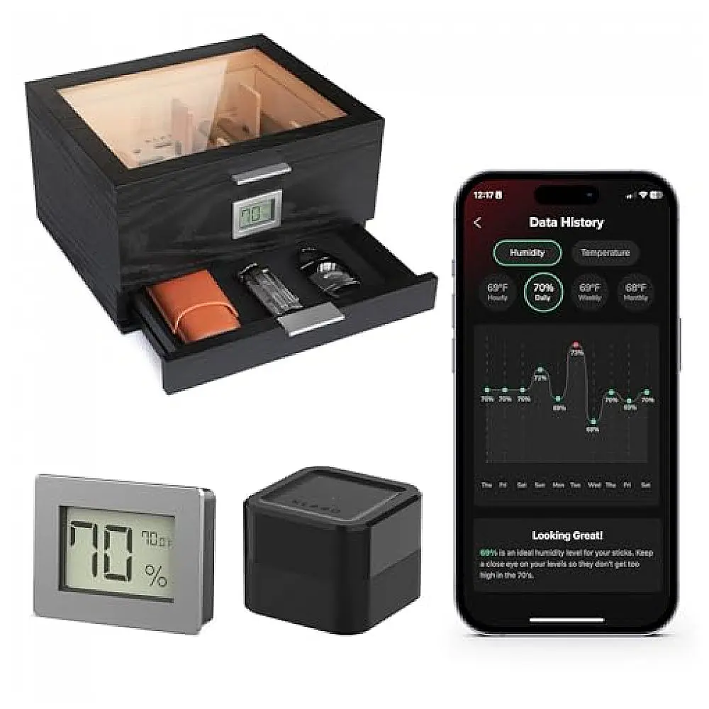 Humidor Case Elegance Tampo Vidro com Cedro Espanhol, Sistema Hydro e Higrômetro Digital Bluetooth Klaro