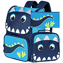 Mochila Escolar Infantil 30cm KLFVB Dinossauro 3 Peças com Lancheira para Crianças, Azul
