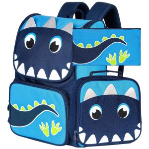 Mochila Escolar Infantil 30cm KLFVB Dinossauro 3 Peças com Lancheira para Crianças, Azul