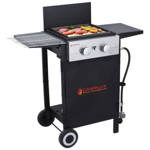 Churrasqueira a Gás 22.000 BTU com 2 Queimadores e Mesas Laterais em Aço Inoxidável, CAMPLUX ENJOY OUTDOOR LIFE, Preto