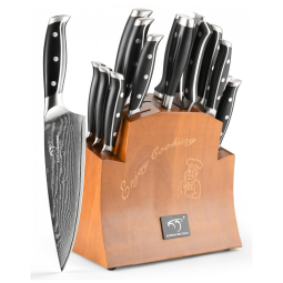 Conjunto de Facas em Aço Damasco VG10 com Bloco de Bancada e Afiador Embutido, 16 Peças, NANFANG BROTHERS, Preto