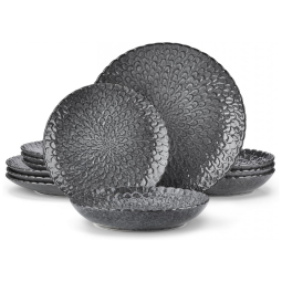 Aparelho de Jantar com 12 Peças em Cerâmica e Textura Crisântemo em Relevo, Vancasso, Cinza
