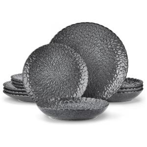 Aparelho de Jantar com 12 Peças em Cerâmica e Textura Crisântemo em Relevo, Vancasso, Cinza
