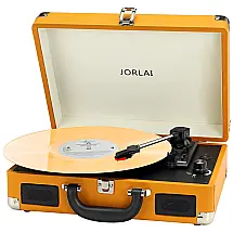 Toca Discos com Bluetooth, Codificação de Reprodução USB, Bateria Integrada e Alto Falantes Estéreo, JORLAI, Laranja