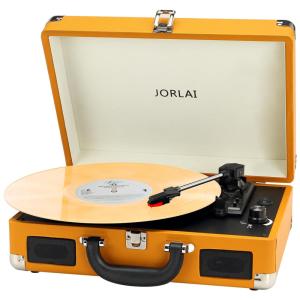 Toca Discos com Bluetooth, Codificação de Reprodução USB, Bateria Integrada e Alto Falantes Estéreo, JORLAI, Laranja