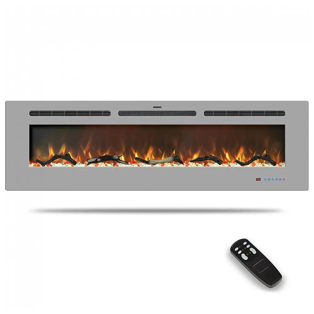 Lareira Elétrica de 152 cm, Embutida ou de Parede, Aquecedor Linear com Termostato,Tela Touch,Chama Multicolorida,Timer, Troncos e Cristais
