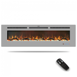 Lareira Elétrica de 152 cm, Embutida ou de Parede, Aquecedor Linear com Termostato,Tela Touch,Chama Multicolorida,Timer, Troncos e Cristais