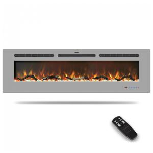 Lareira Elétrica de 152 cm, Embutida ou de Parede, Aquecedor Linear com Termostato,Tela Touch,Chama Multicolorida,Timer, Troncos e Cristais