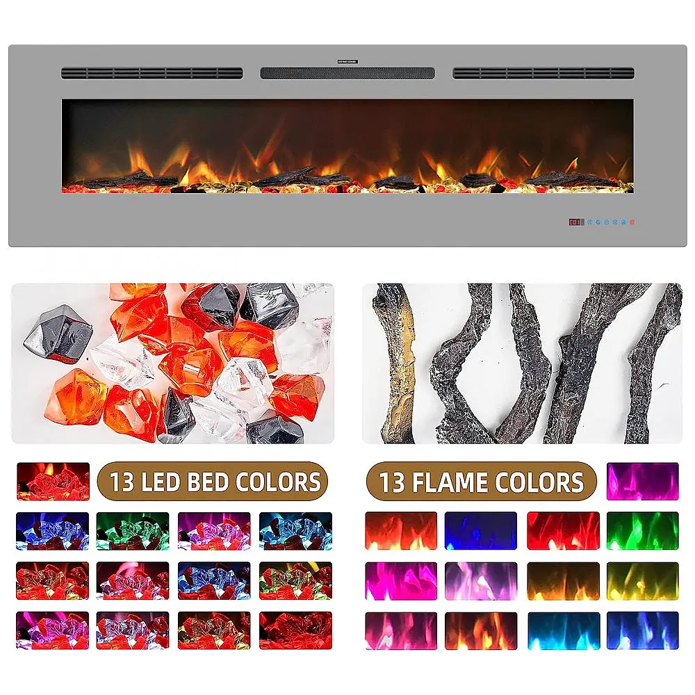 Lareira Elétrica de 152 cm, Embutida ou de Parede, Aquecedor Linear com Termostato,Tela Touch,Chama Multicolorida,Timer, Troncos e Cristais — foto 3