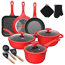 Conjunto de Panelas e Frigideiras Antiaderentes de Granito e Utensílios, Peças, IMARKU 16 piece pot set, Vermelho