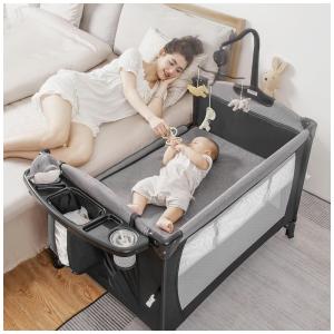 Berço Cercado Portátil 5 em 1 com Trocador, Bolsa de Transporte e Móbile para Bebê de 4 Alturas Ajustáveis, Afgbf, Preto