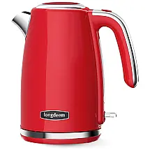 Chaleira Elétrica Retrô 1,7L em Aço Inoxidável com Desligamento Automático e Proteção Contra Fervura, 110V 1500W, Longdeem, Vermelha