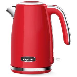 Chaleira Elétrica Retrô 1,7L em Aço Inoxidável com Desligamento Automático e Proteção Contra Fervura, 110V 1500W, Longdeem, Vermelha