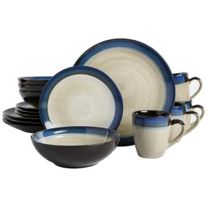 Aparelho de Jantar com 16 Peças em Cerâmica e Esmalte Reativo, Gibson Elite Couture, Azul e Creme
