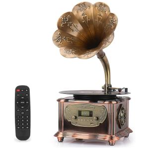 GDEAST Vitrola, Toca Discos 3 Velocidade, sem fio, c, USB e Controle Remoto, 45 RPM, Bronze