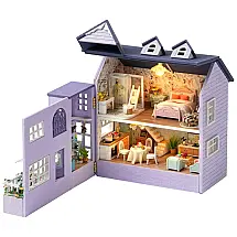Casa de Bonecas em Miniatura feita em Madeira com Detalhes 3D e LEDS, Roroom, Roxa