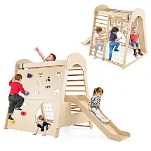 Costzon Indoor Jungle Gym: Playground de Madeira Natural para Crianças de 3 Anos - Escorregador, Escada, Rede de Escalada, Balanço e Mais