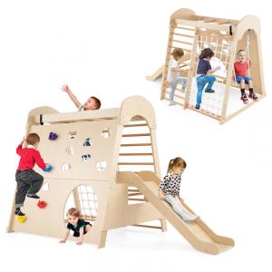 Costzon Indoor Jungle Gym: Playground de Madeira Natural para Crianças de 3 Anos - Escorregador, Escada, Rede de Escalada, Balanço e Mais