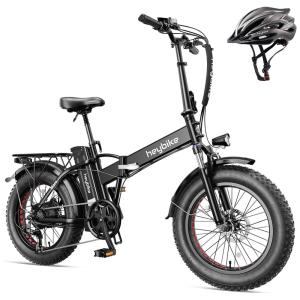 Bicicleta Elétrica Dobrável para Adultos 7 Velocidades até 77km com Amortecedor Duplo e Capacete, 48V 500W, Heybike, Preta