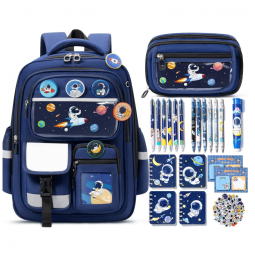 Mochila infantil Fimibuke com kit escolar espacial 30 peças poliéster azul