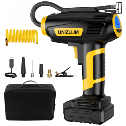 Compressor de Ar Portátil 150 PSI Recarregável com Detector de Pressão e Acessórios, UNIZLIJM, Amarelo