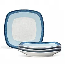 Conjunto de Pratos para Salada e Sobremesa com 4 Peças, Formato Quadrado e Material de Porcelana, Noritake G020-588D, Branco e Azul