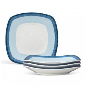 Conjunto de Pratos para Salada e Sobremesa com 4 Peças, Formato Quadrado e Material de Porcelana, Noritake G020-588D, Branco e Azul