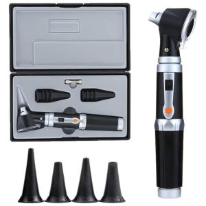 Kit Otoscópio Profissional com LED 3.0V, Ampliação 3X, Tamanho de 4 Pontas de Espéculo para Crianças e Adultos, Jeebel Camp, Preto