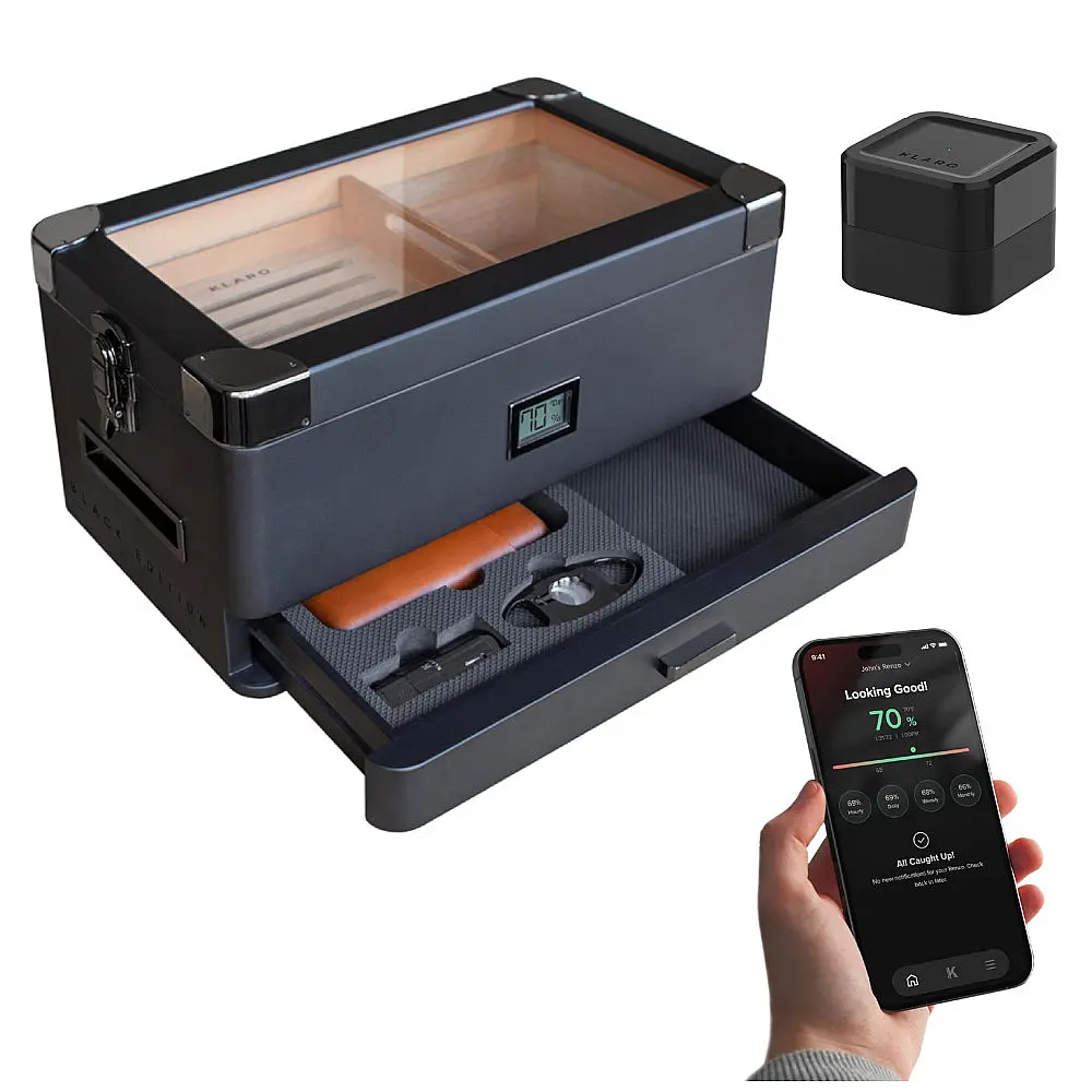 Humidor Case Elegance Preto Edição Militar Digital Cedro Espanhol 70-100 Charutos