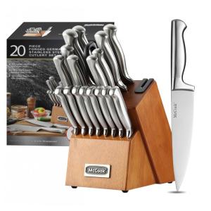 Conjunto de Facas em Aço Inoxidável com Afiador Embutido e Bloco de Bancada 20 Peças, MCCOOK MC69W, Prateado