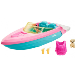 Barco de Brinquedo da Barbie com Cachorrinho, Colete Salva Vidas e Acessórios, Rosa