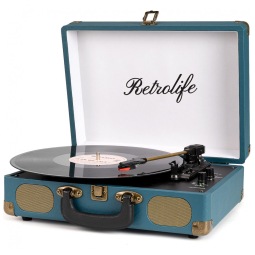 Toca-discos Retrolife 3 Velocidades Bluetooth Portátil em Maleta Coral Azul com Alto-falantes Integrados, Saída RCA, Auxiliar