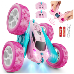 Carro de Controle Remoto Rosa para Meninas, Carro de Acrobacias RC de 2,4 GHz com Rotação de 360 Graus e Faróis, Brinquedo para