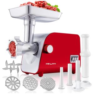 Minjan Moedor de Carne Elétrico 3 em 1 Profissional, 3 Lâminas para Moagem, Aço Inoxidável, 1800W, 110v, N, N MGL, Vermelho
